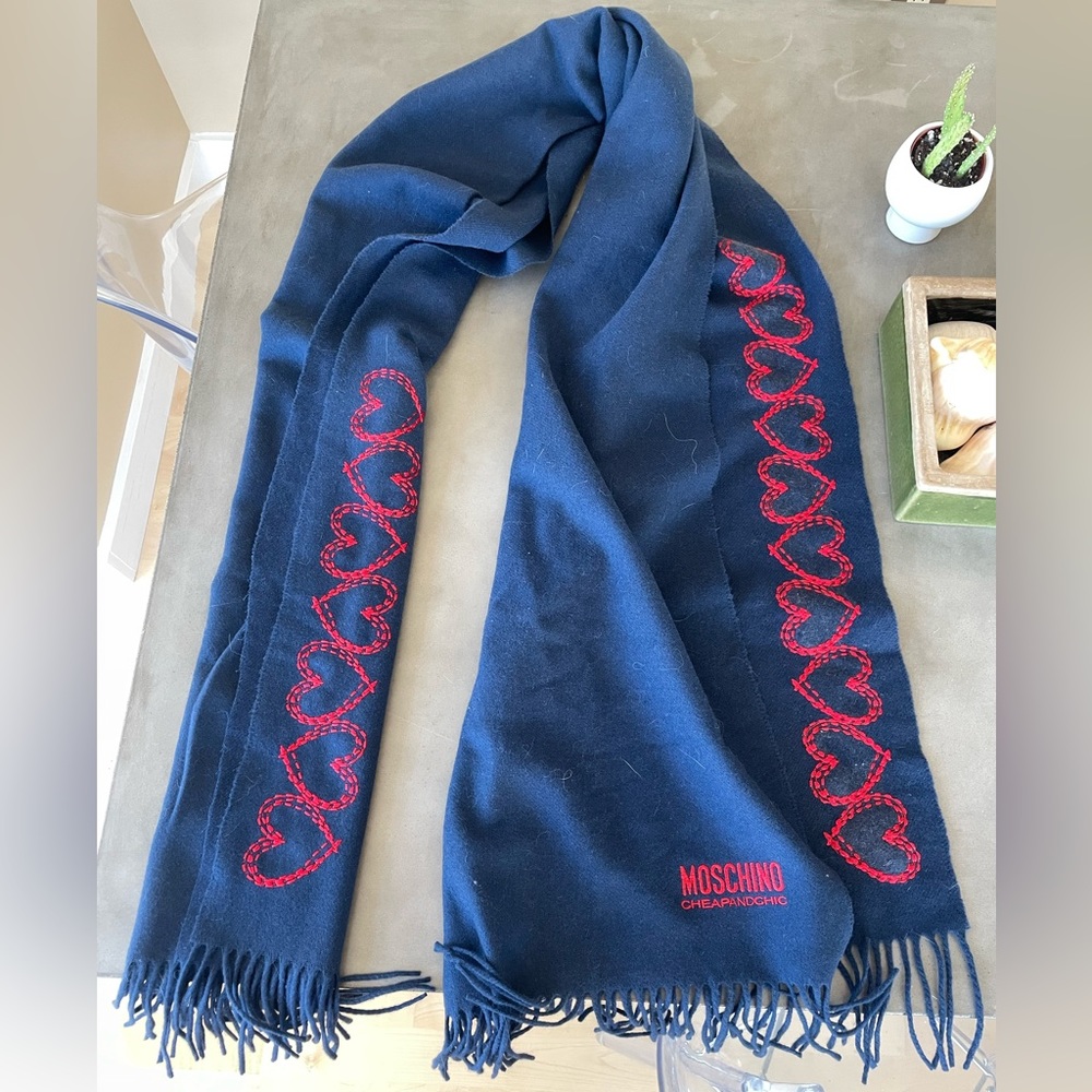 Moschino Cheap and Chic Blue Scarf Red Embroidered Hearts
